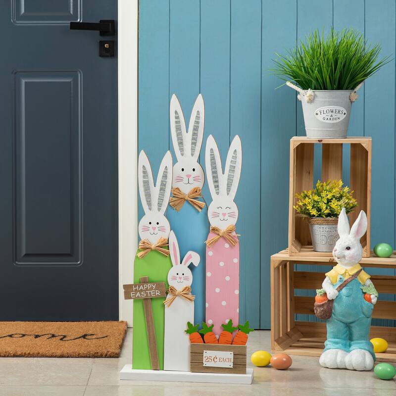 Glitzhome 30"H Easter Wooden Bunny Family Standing Porch Sign Decor with Wreath - Happy Easter