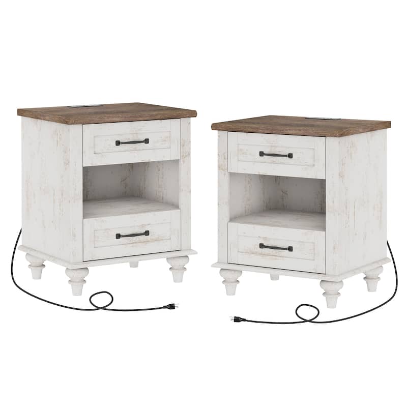 Farmhouse End Table Nightstands with Charging Station & Drawer - 2 Piece - with drawer & shelf - Antique White