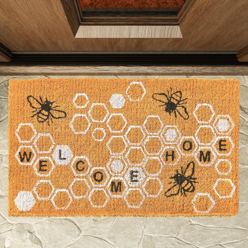 1'6" x 2'6" Welcome Home Honeycomb Bee Rectangle Indoor and Outdoor Coir Door Welcome Mat Yellow