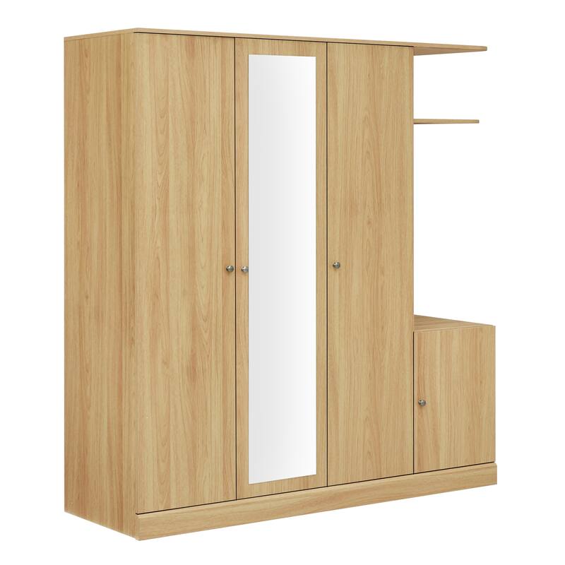 Mirrored Wardrobe Closet 4 Door Wooden Wardrobe with Drawers Large Armoire Closet with Open Storage Space