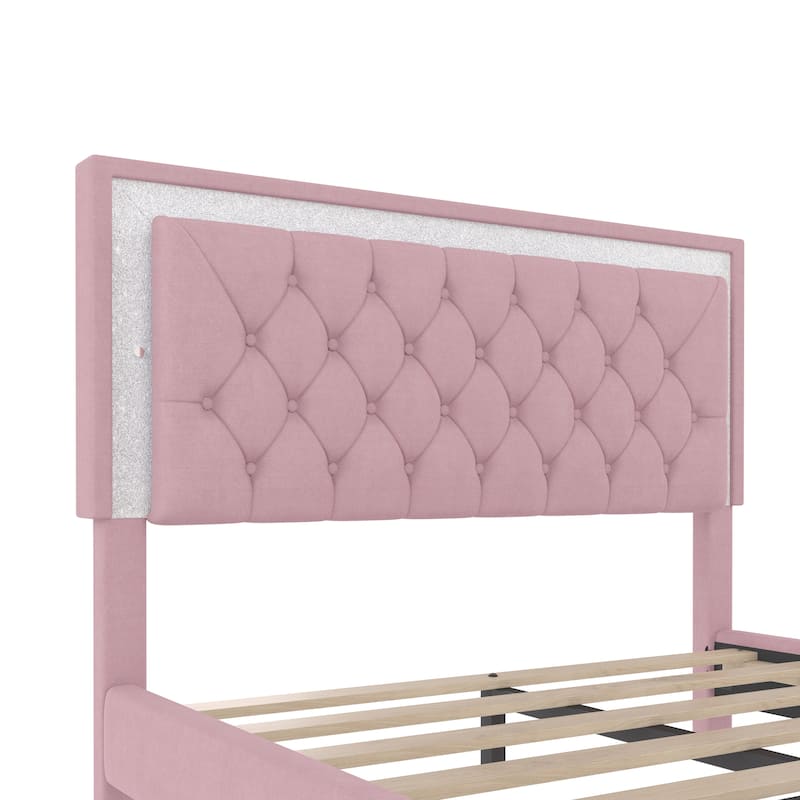 Velvet Upholstered Bed Frame with Tufted Headboard, Modern LED Platform Bed with Wood Slats Support, No Box Spring Needed