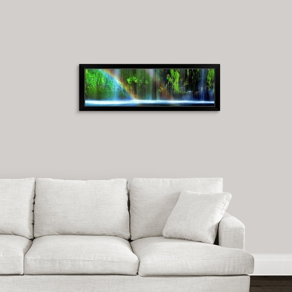 "Rainbow formed in front of a waterfall in a forest, Dunsmuir, California" Black Framed Print