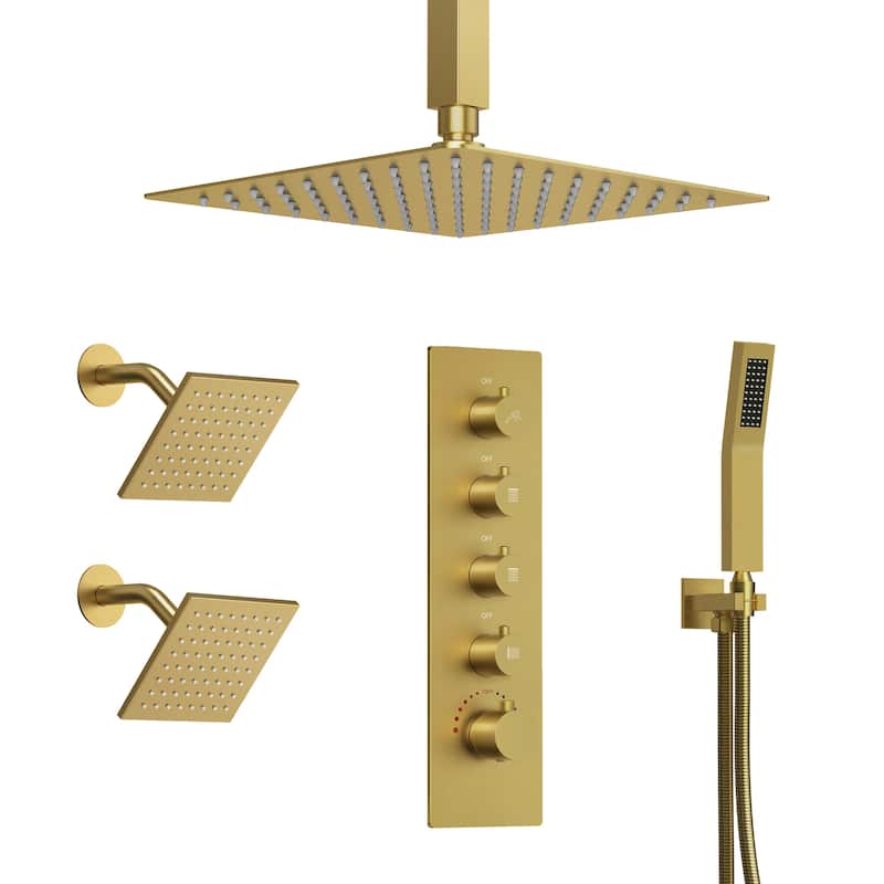 15-Spray Patterns Thermostatic Shower System, Shower Faucet Set 16" & 6" Triple Shower Heads (Valve Included) - Brushed Gold