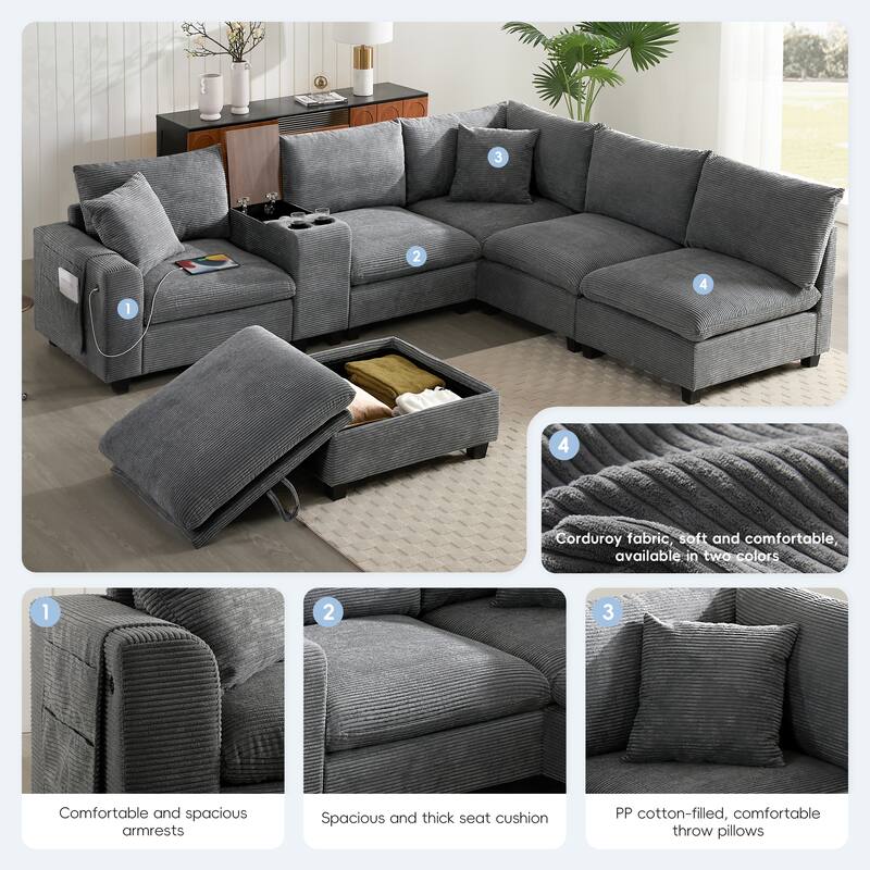 140" Corduroy U-Shaped Modular Sectional Sofa with Storage & USB