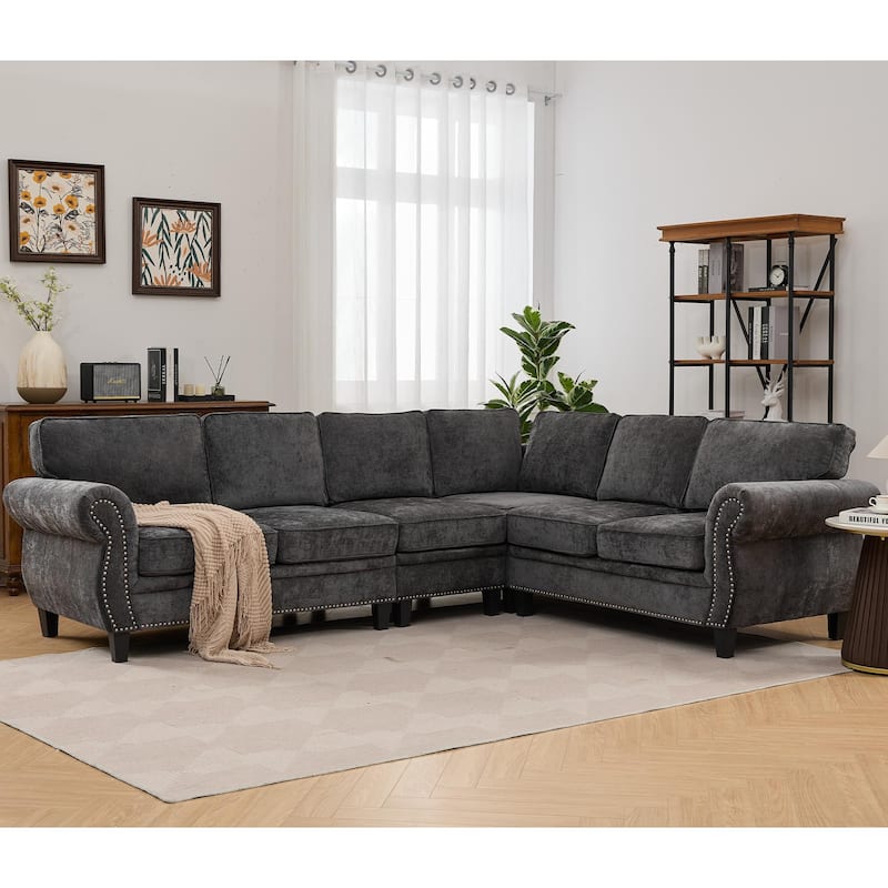 Modern Chenille Fabric Modular L Shaped Sectional Sofa Couch,6 Seater - DARK GREY