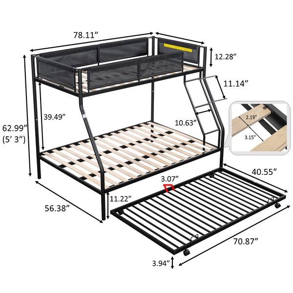 Twin-Over-Full Metal Bunk Bed with Trundle and Textilene Guardrail, Black