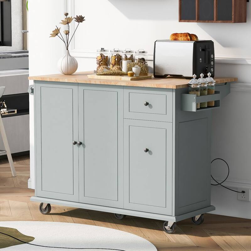 Rubberwood Kitchen Cart with Drop Leaf, Internal Storage Rack, and 2 Drawers - Grey Blue