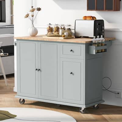 Rubberwood Kitchen Cart with Drop Leaf, Internal Storage Rack, and 2 Drawers