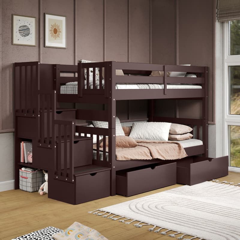 Taylor & Olive Trillium Twin over Twin Stairway Bunk Bed, 2 Drawers - Dark Cherry