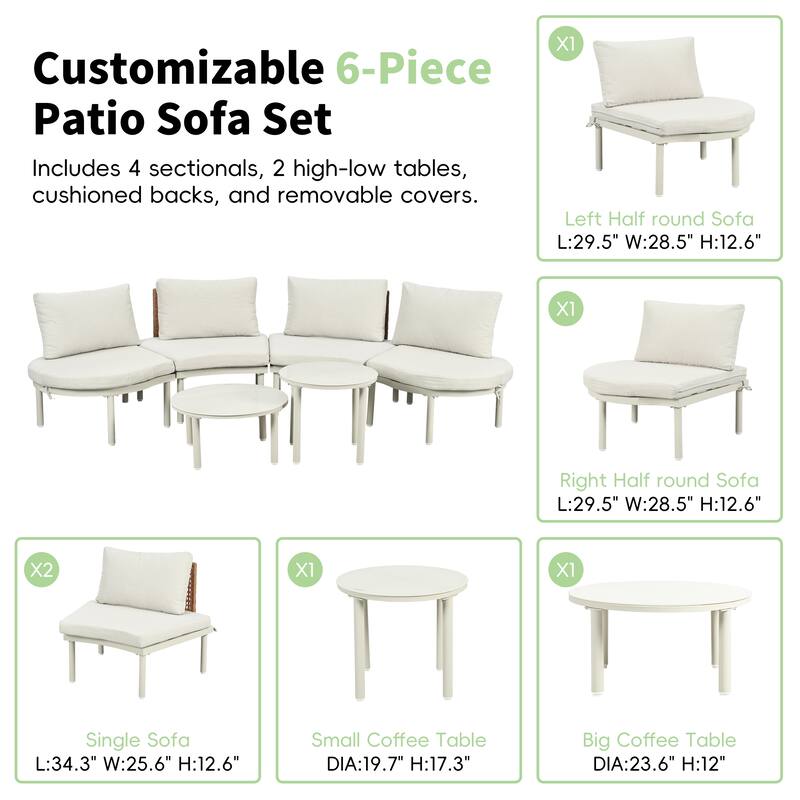 6-Piece Patio Sofa Set,Half Moon Sectional Sofa with 2 High-Low Coffee Tables,PE Wicker Rattan,4 Pillows & Cushions