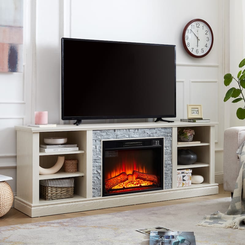 GDFStudio Alaric Wood 70" TV Stand with 23" Fireplace Insert and Storage - White