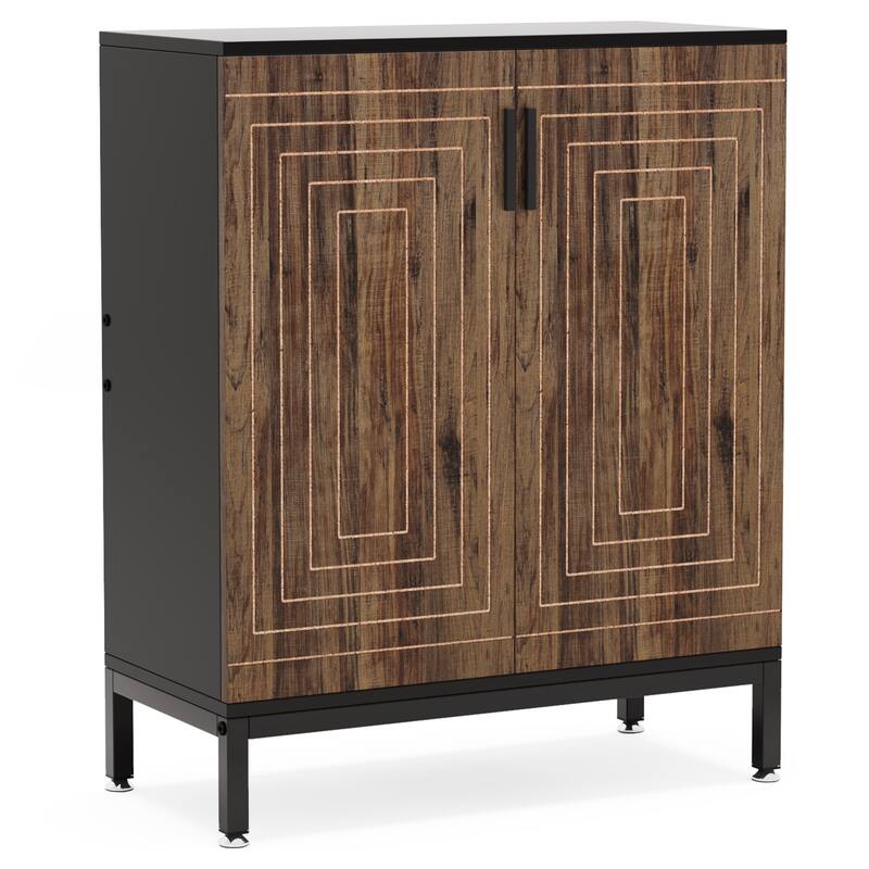 31" Brown & Black Wooden Shoe Cabinet with Doors, 5 Tiers