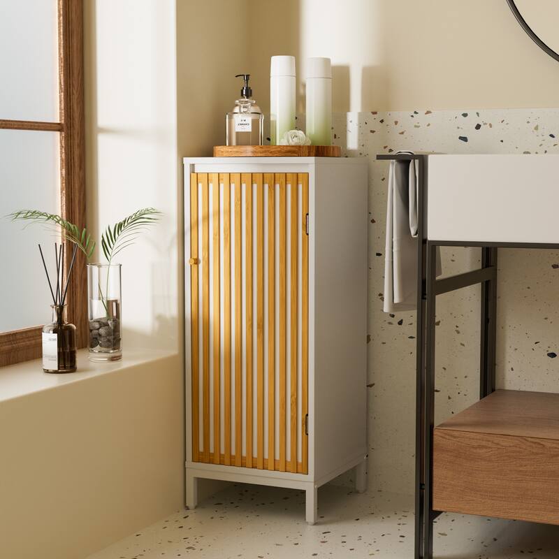 Living Room Side Cabinet with Bamboo Slats Door - Natural/White