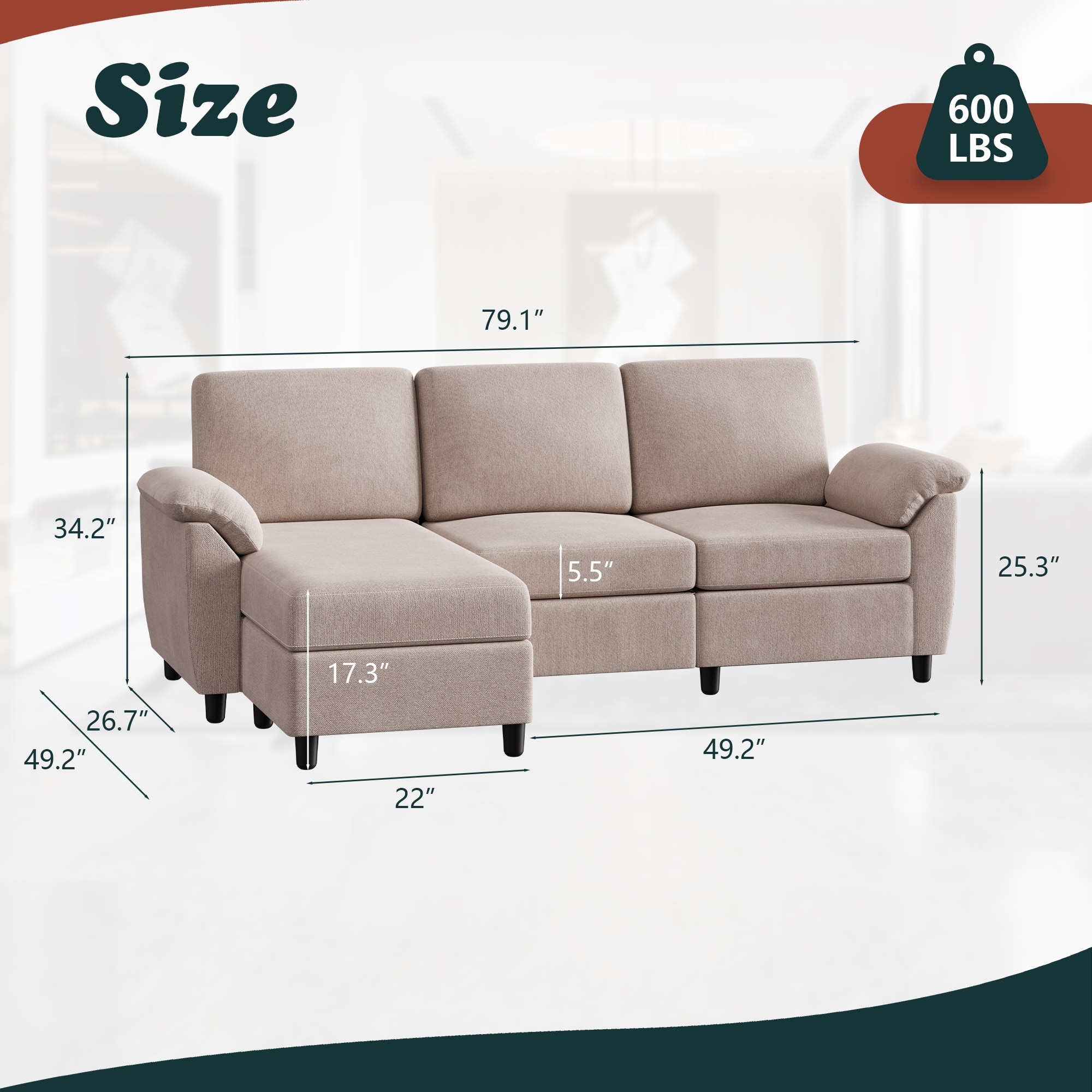 Futzca Sectional Sofa Couch, 3 Seat L Shaped Sofa with Removable ...