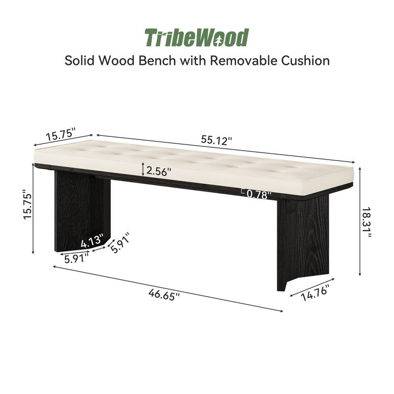 Solid Wood Bench with Removable Cushion, 55-Inch Long