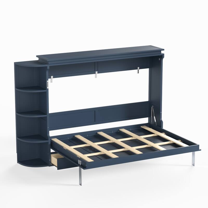 Murphy Platform Bed with Side Cabinets & Drawers, Wall Bed with Shelf for Home Office, Queen or Full