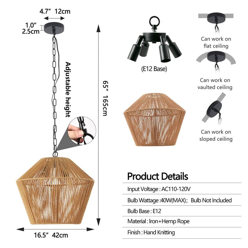 Bohemian Hemp Rope Chandelier, Handmade Farmhouse Chandelier, Height Adjustable, for Dining Room, Living Room and Bedroom