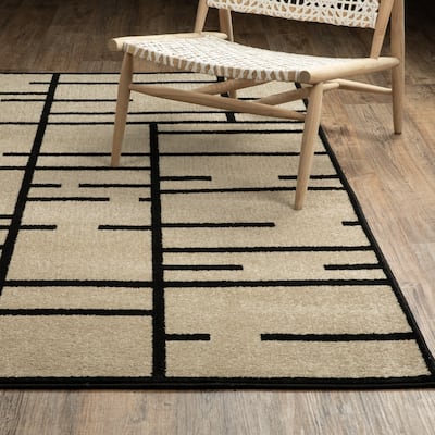 Quartz Geo Blocks and Line Beige/ Black Area Rug