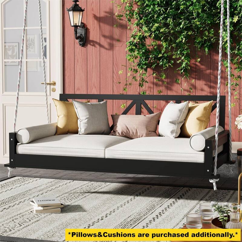 Twin Size Patio Swing Bed Modern Porch Swing Hanging Bed Frame with 16.4ft Hemp Ropes