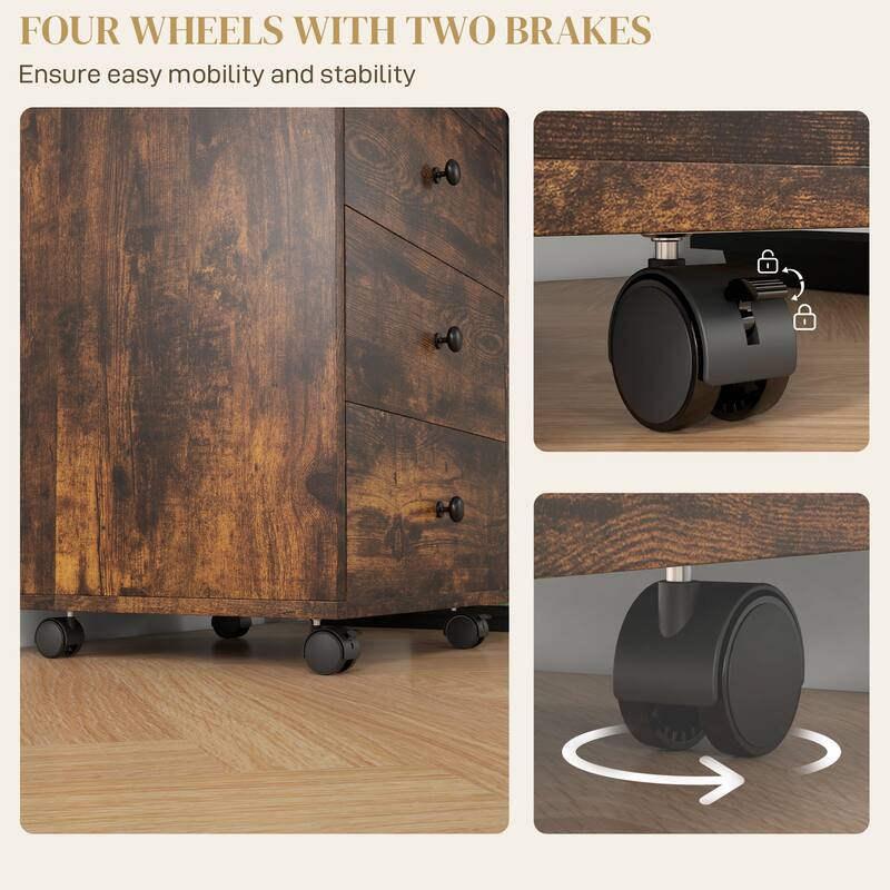 3 Drawer Home Office Storage Cabinet, Office Drawer on Wheels with Removable Tray, Under Desk Printer Stand with Storage - Rustic Brown