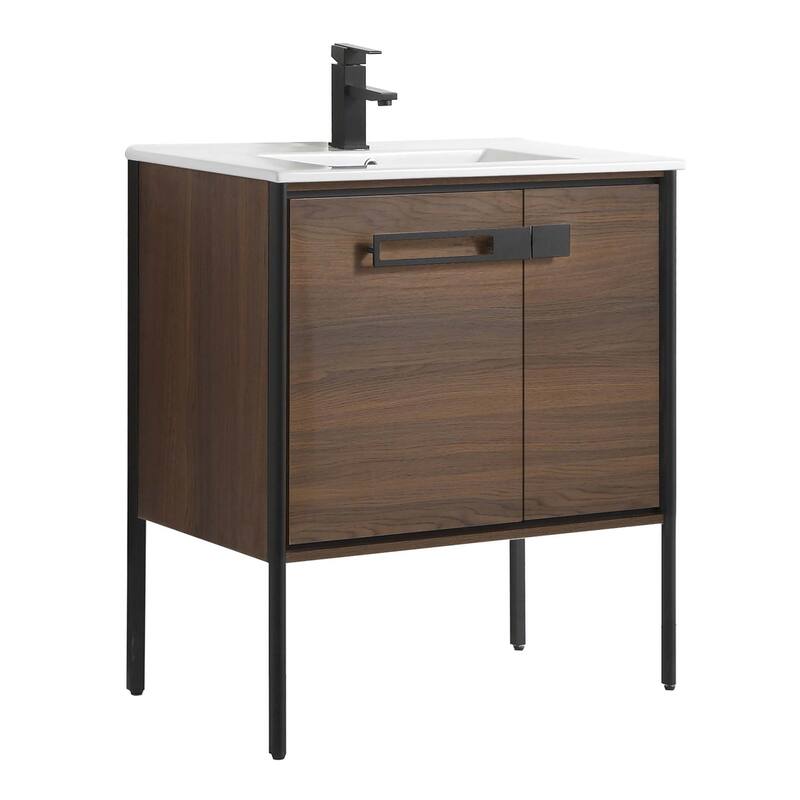 Fine Fixtures Oakville Bathroom Vanity with White Ceramic Sink - 30 Inch - Walnut Ebony - Black Hardware