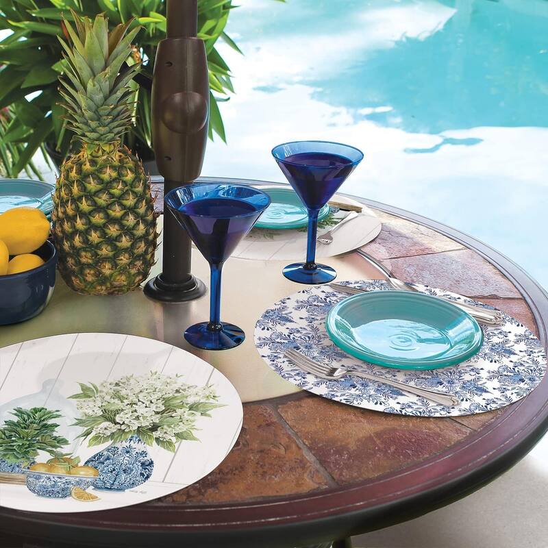 Blue & White Pottery Round Reversible Easy Care Flexible Plastic Placemat 4 Pack Made in The USA