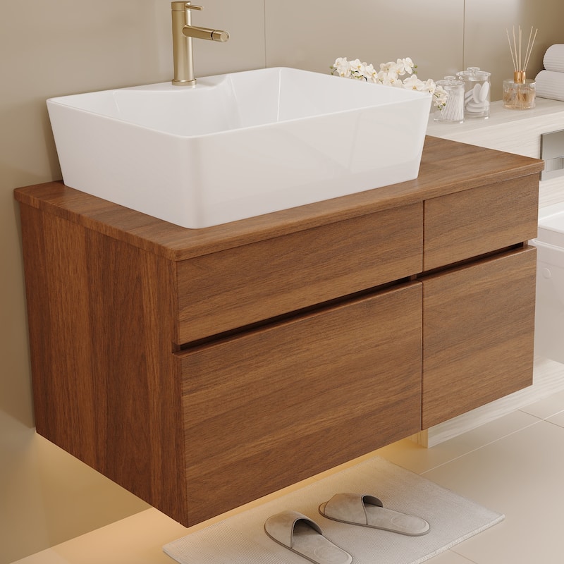 Floating Single Small Bathroom Vanity with Integrated Vessel Ceramic Sink and Multi-layer Storage Solid Wood Cabinet