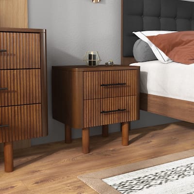 Small Nightstand with Fluted Panel, Multi-functiona Wooden Accent Table, Sofa Side Table with 2 Drawers & Solid Wood Legs