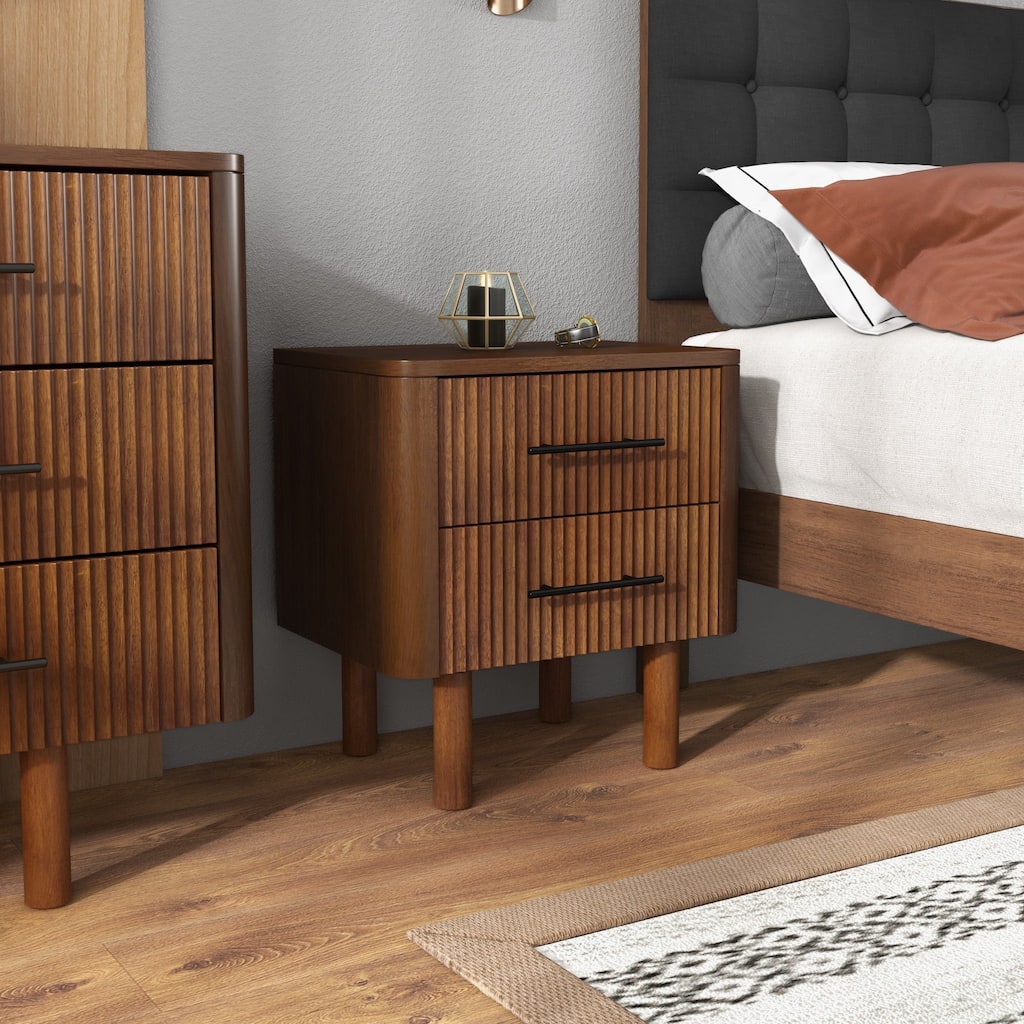 Small Nightstand with Fluted Panel, Multi-functiona Wooden Accent Table, Sofa Side Table with 2 Drawers & Solid Wood Legs