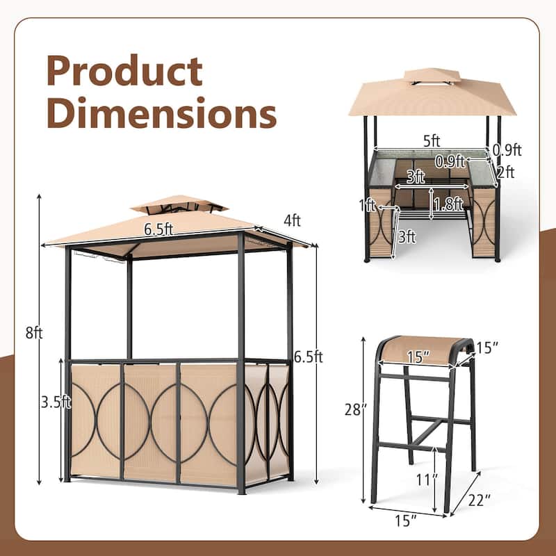 Costway 6.5 x 4 x 8 FT Grill Gazebo Set with 2 Bar Stools, Tempered - See Details