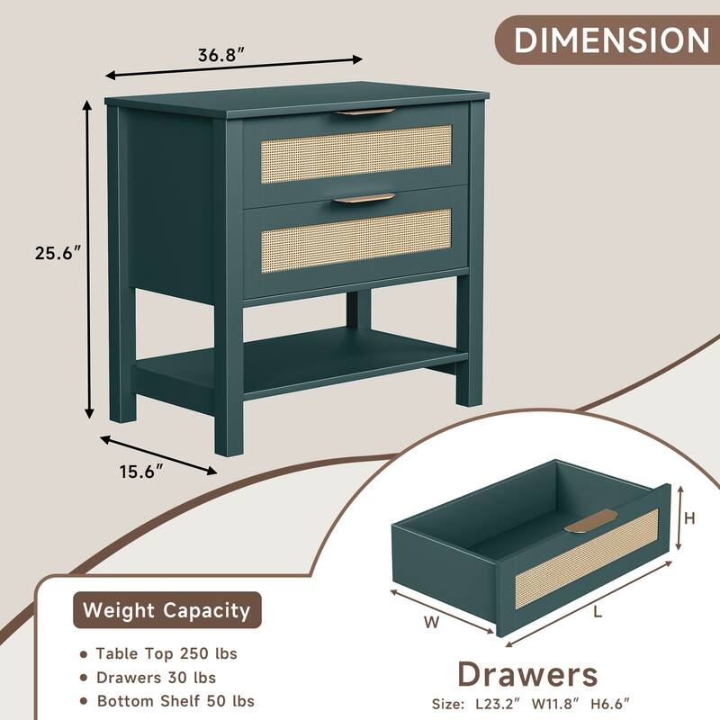 Rattan Nightstand with 2 Drawers and Storage Shelf Boho Bedside Narrow Side Table for Bedroom