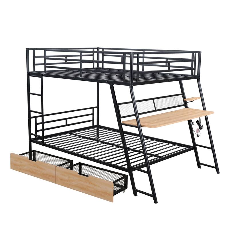 Full Size Metal Bunk Bed Built-in Desk, Light and 2 Drawers