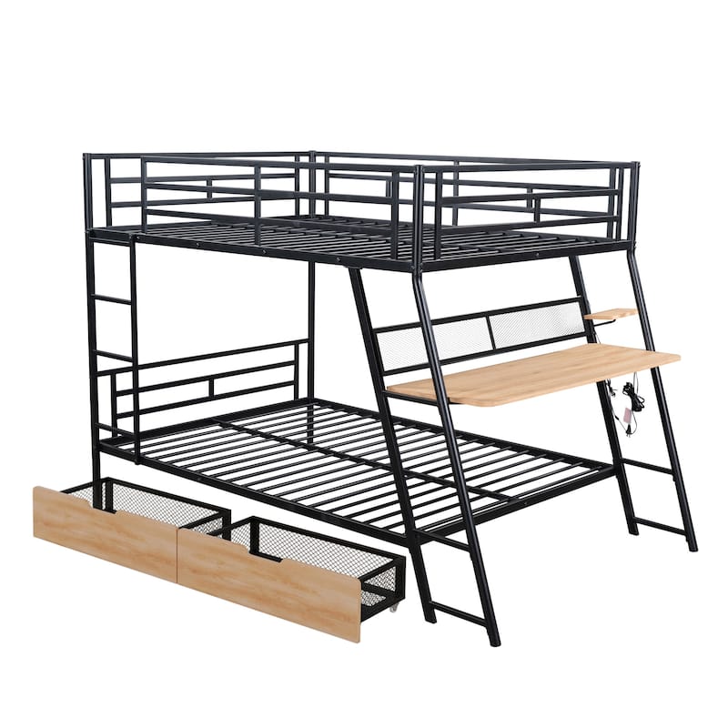 Roomfitters Full Metal Bunk Bed with Built-in Desk, Upper Guardrail and Compact Storage Unit, Black