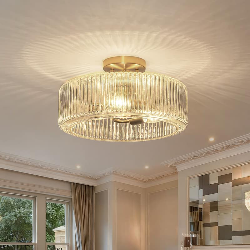 Modern Industrial 3-Light Clear Ribbed Glass Drum Pendant Light for Dining and Living Room