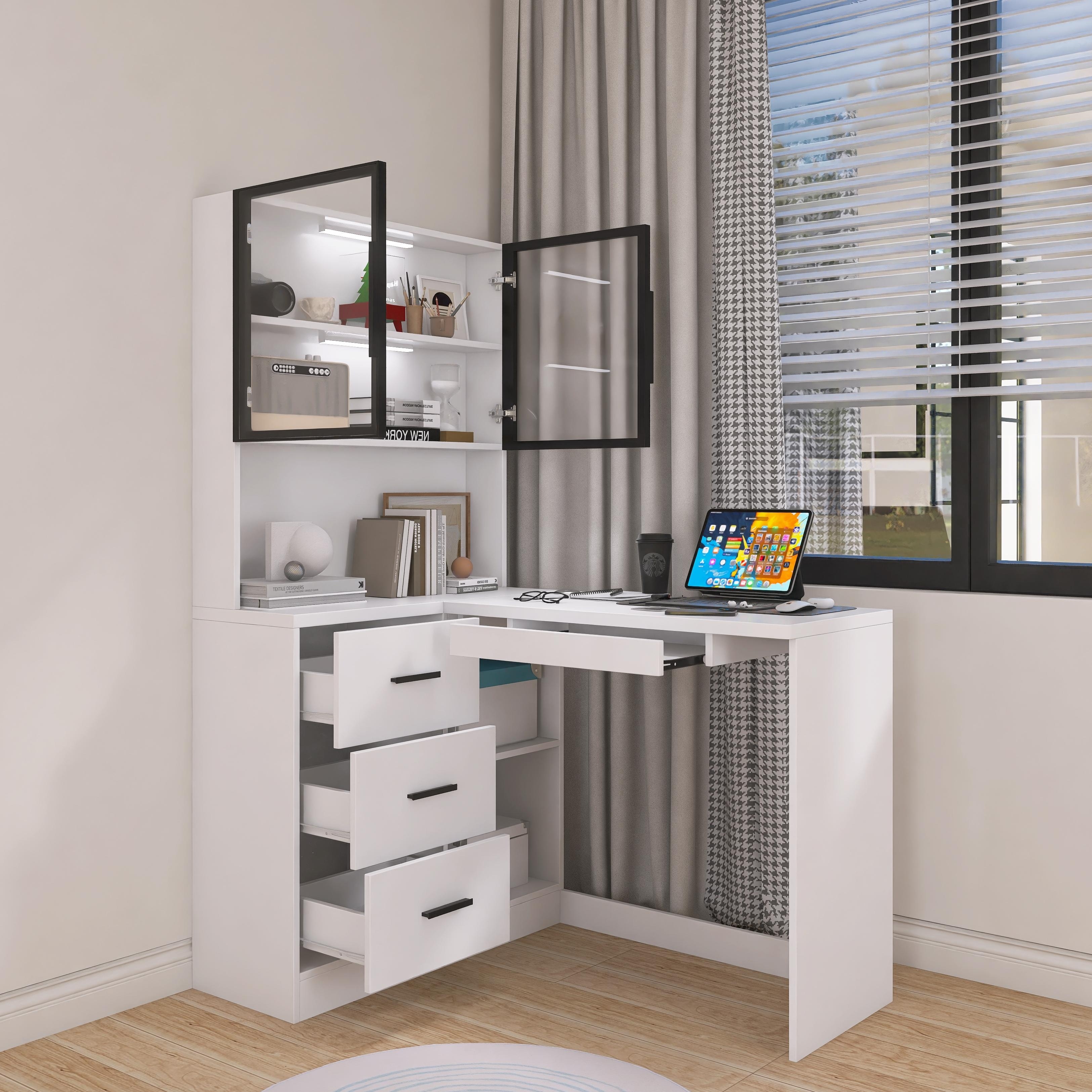 ARTCHIRLY Computer Desk with Glass Cabinets & LED Lights, Corner L-Shaped Office Desk with USB Charging Ports and Keyboard Tray