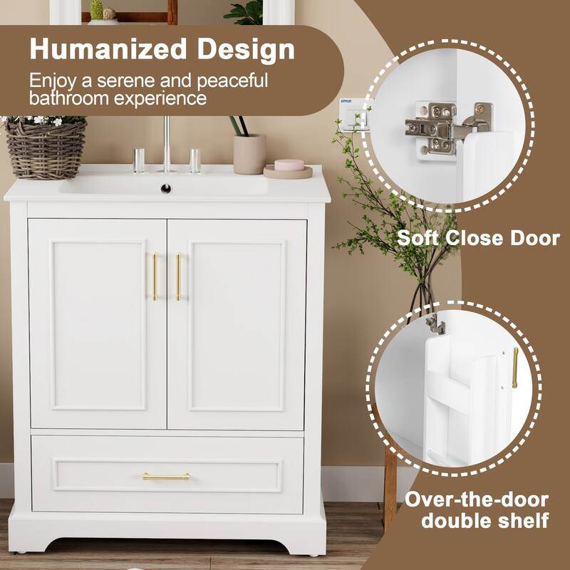 Bathroom Vanity with Ceramic Sink, Freestanding Storage Cabinet with Double Shelf, 1 Divider Drawer & 2 Soft-close Doors