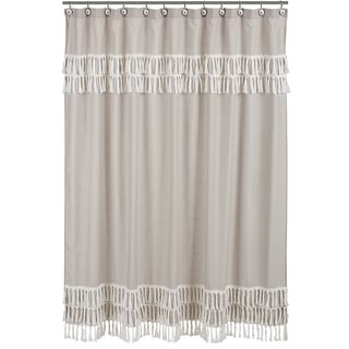 Boho Fringe Bathroom Fabric Bath Shower Curtain Beige Tan Taupe Linen for Bohemian Woodland Farmhouse Botanical Leaf Collection