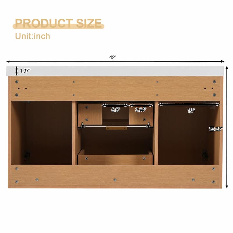 42" Wall-Mounted Single Sink Bathroom Vanity with SMC Top, MDF Cabinet with Solid Wood Frame, U-Shaped Drawers