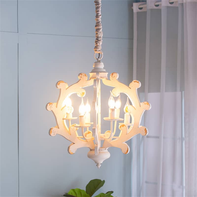 6 Light Wood Chandelier (Bulb Not Included) - White