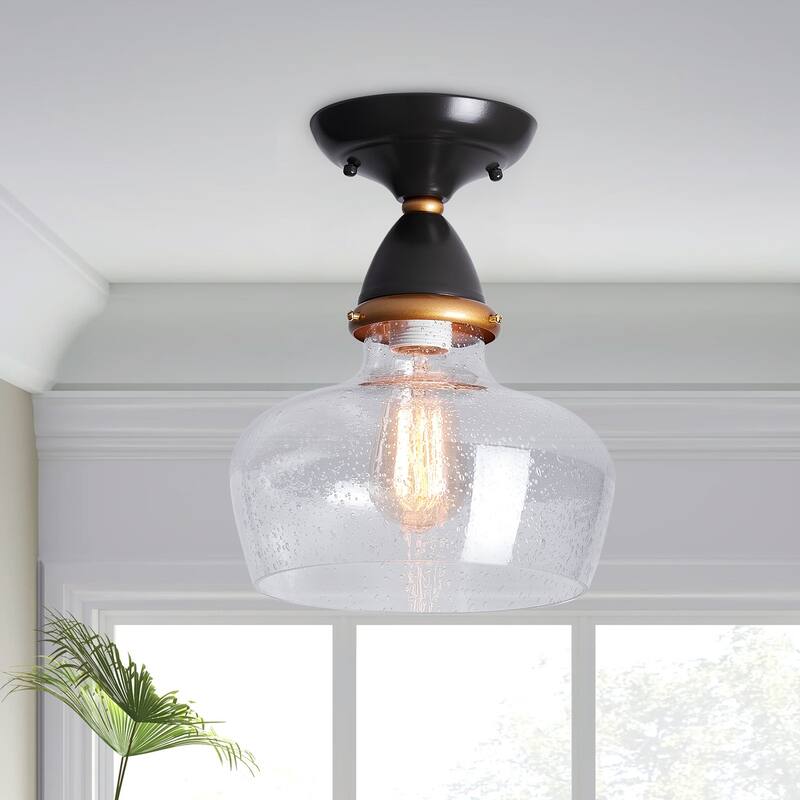 Vintage Brown 1-Light Clear Seeded Glass Semi Flush Mount Ceiling Lamp - Brown