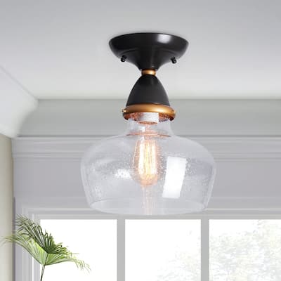 Vintage Brown 1-Light Clear Seeded Glass Semi Flush Mount Ceiling Lamp