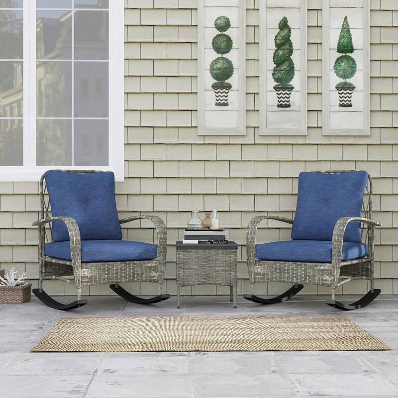 3-Piece Wicker Patio Set with Rocking Chairs, Glass-Top Coffee Table