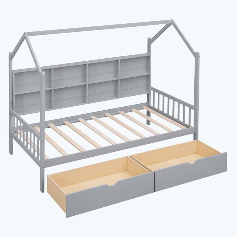 Comfortable Wooden House Bed with 2 Drawers,Kids Bed with Storage Shelf