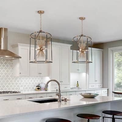 Modern Farmhouse 4-Light Black Gold Starburst Chandelier Cage Pendant Light for Dining Room