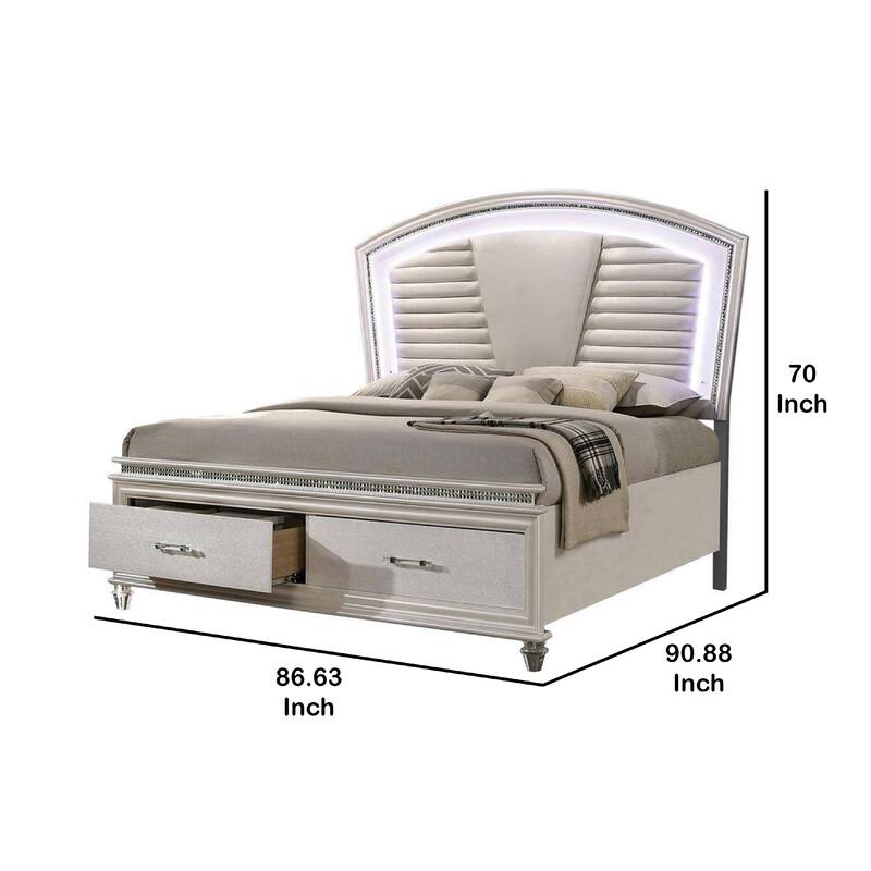 Sam King Bed with LED Lights, Storage, White Tufted Faux Leather