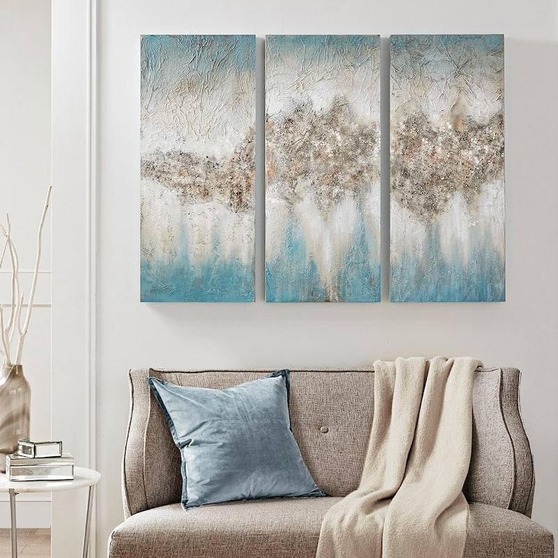 Heavily Embellished 3-piece Canvas Wall Art Set - Blue