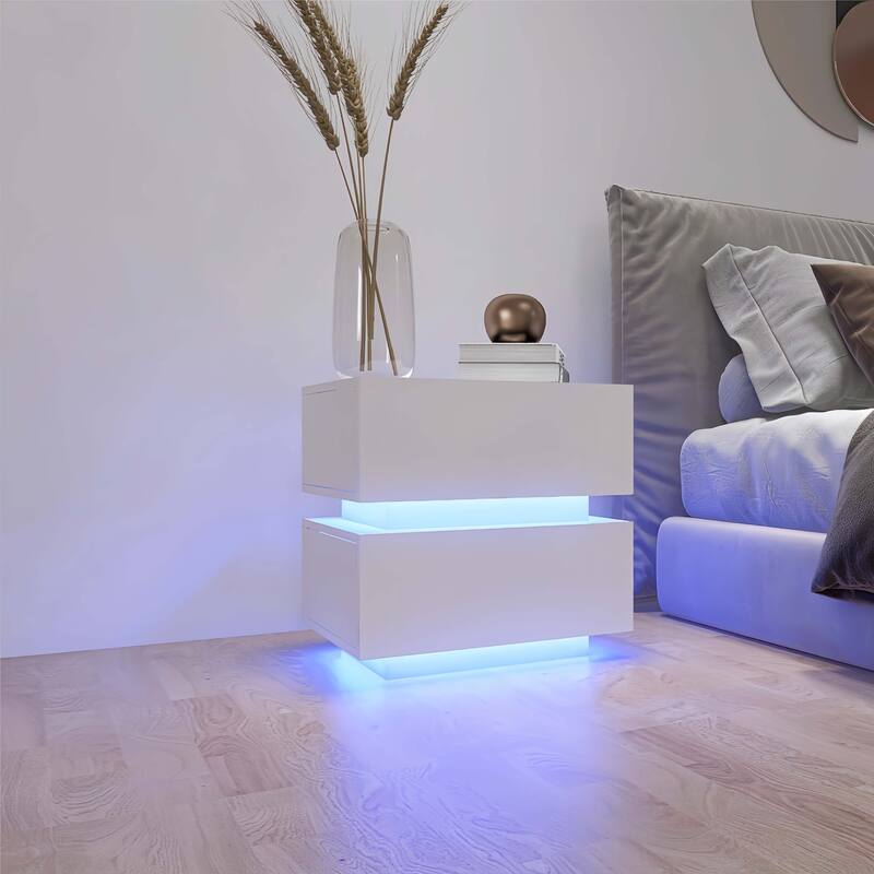 White Nightstand with Bluetooth Control and With RGB Led Light