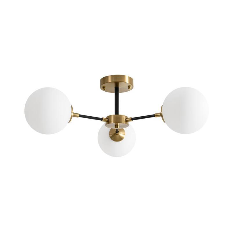 3-Light Brass Black Frosted White Glass Sputnik Semi Flush Mount - 26 Inches