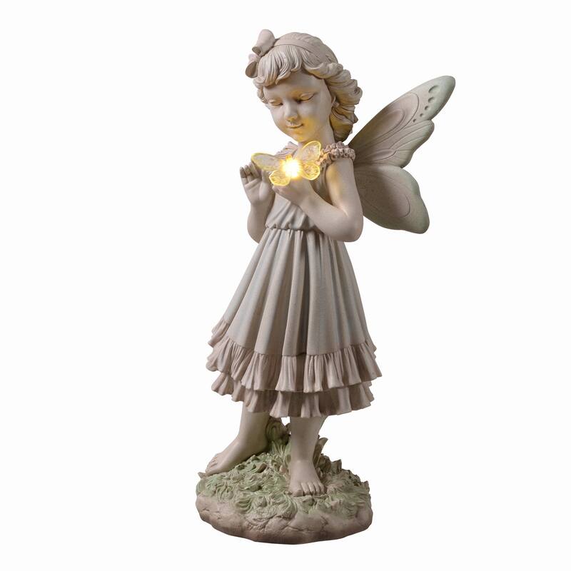 LED Solar Powered Girl Holding Butterfly Outdoor Garden Statue - 21"