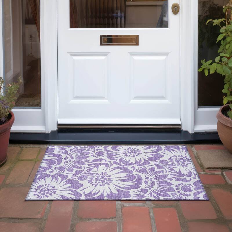 Machine Washable Indoor/ Outdoor Whimsy Floral Chantille Rug - Purple - 1'8" x 2'6"